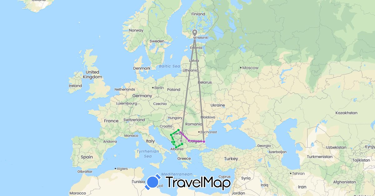 TravelMap itinerary: driving, bus, plane, train in Albania, Bosnia and Herzegovina, Bulgaria, Finland, Montenegro, Macedonia, Serbia (Europe)